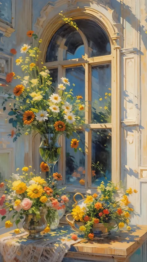 oil painting still life, vintage illustration of a window at the sunny day, iridescent light, soft light, lacy curtains, flowers, fruits, dynamic light
