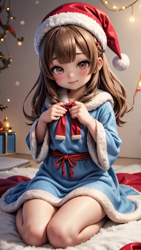 beautiful japanese influencer with light brown hair and slightly heavy makeup, sitting and wearing a Dusty blue Velour Santa dress and santa hat with fluffy fur accents, Cluttered pastel Christmas room, (リアル、リアリスティック)