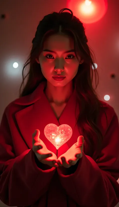  Realistic portrait photography in a dark atmosphere，Movie Still，Background lighting ，Cute Chinese beauty， Magical Girl，Reach out， A red heart floating in the hand ， Inner energy surges ， long hair，long coat，8k quality， Contour light shooting ，Magical feel...