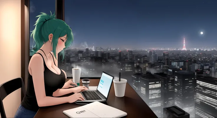 "A woman big breast with green hair tied in a ponytail sits on a chair on a rooftop balcony, gazing up at the starry night sky. She is dressed in a black tank top and blue jeans, her posture relaxed yet thoughtful. A laptop is open on the small table besid...