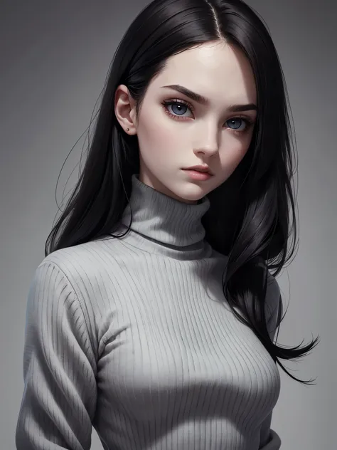 (best quality), 1girl, female, pale skin, (black hair), long hair, straight hair, grey eyes, perfect eyes, turtleneck sweater, stylish, elegant, serious, masterpiece, anatomically correct, highres
