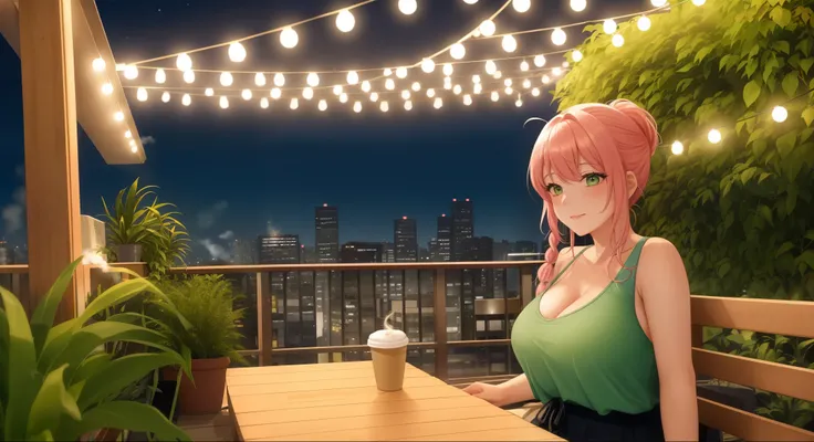 "A  woman big boobs with pastel green and pink hair tied in a braid relaxes on a cushioned bench in a rooftop garden. She is wearing a black tank top and loose linen pants, her laptop resting on a small wooden table beside a steaming cup of coffee. The gar...