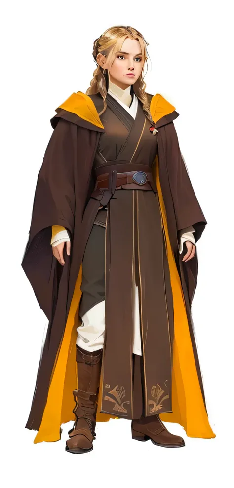  an animated cartoon of a woman with a brown tunic and a brown cape with gold lining, ( female Jedi master ) wearing  Jedis brown cloak s,  Jedis brown cloak ,  wearing Jedi robes , ( brown jedi boots that go up to the knee ), (calça white) [ behind a long...