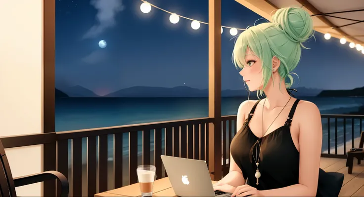 "A woman med boobs with pastel green and pink hair styled in a messy bun sits on a wicker chair on a seaside rooftop terrace. She wears a black tank top and soft pajama shorts, her laptop balanced on her lap as she sips from a steaming cup of coffee. The s...