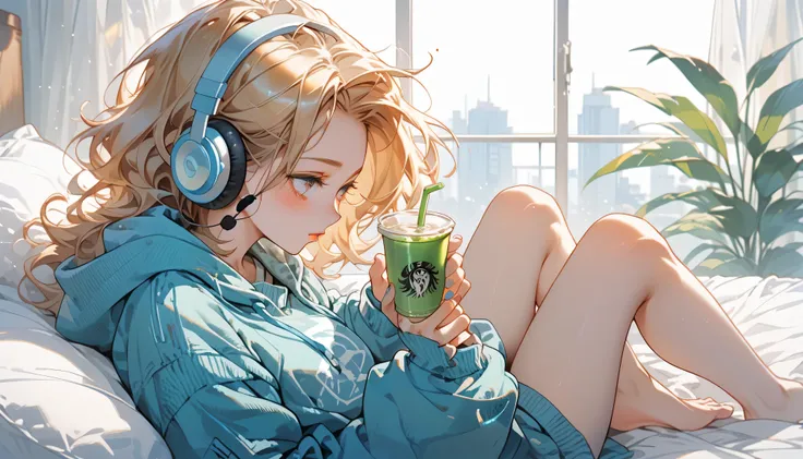 Lo-fi song,  sit on the bed.  Strong halation is applied to ,  DRINK COFFEE . Listening to music through headphones,  Strong halation is applied to