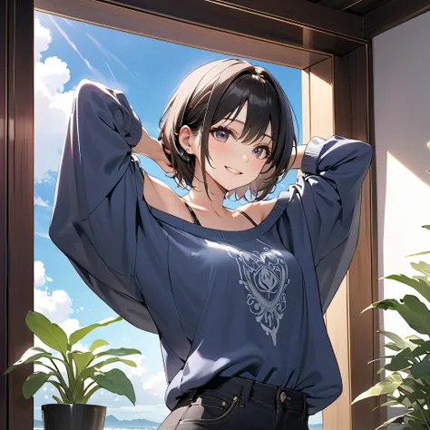 ((32K)), (( top quality )), (( Super high resolution )), (( Shown below )), ((超 Shown below )), ((   Highly Detailed CG  )), (( Unity 32K Wallpaper )), (masterpiece,  top quality ),(  1 girl)、  beautiful dark eyes  、 short dark hair 、smile、、 small breasts、...