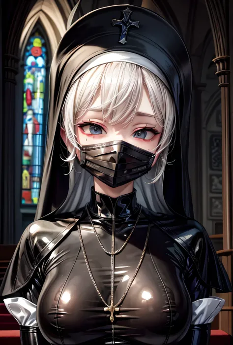 nun, latex clothes, mouth mask, bratty girl, in a church, 