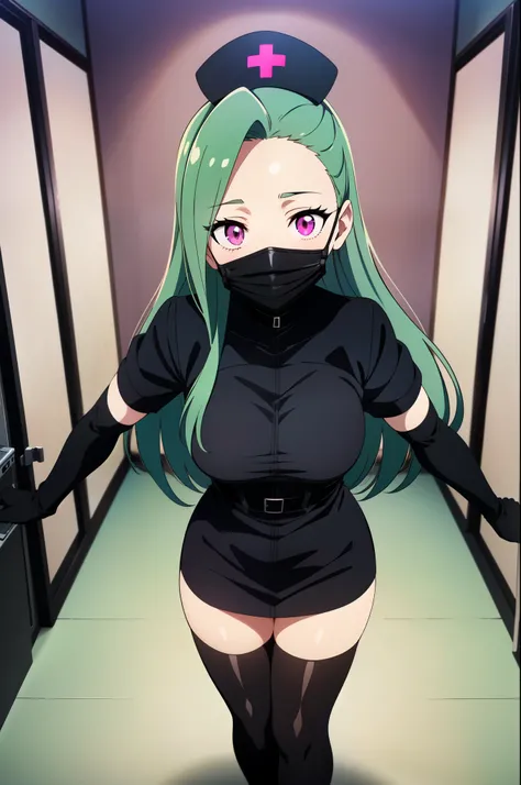 black nurse, 1woman, solo, black nurse cap, black nurse uniform, ((black legwear, zettai ryouiki)), black elbow gloves, forehead, long hair, green hair, pink eyes, ((black surgical mask, covered nose)), standing, ((surgery room, dark room)), sharp outline,...