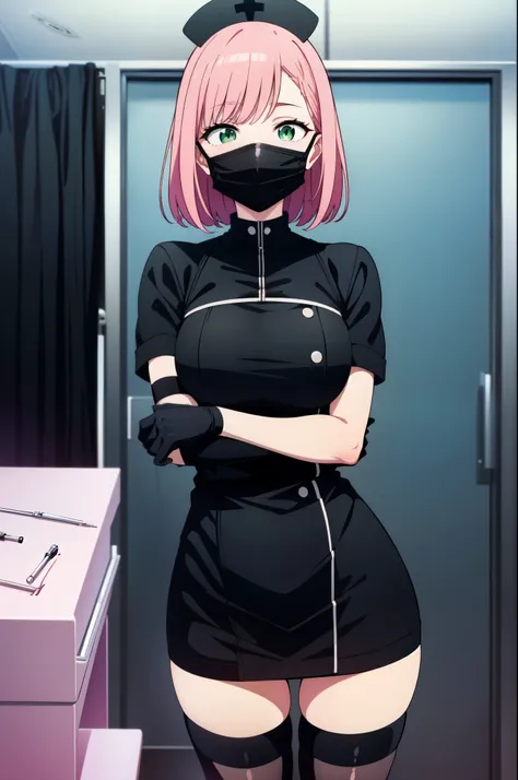 black nurse, 1woman, solo, black nurse cap, black nurse uniform, ((black legwear, zettai ryouiki)), black elbow gloves, pink hair, green eyes, drooping eyes, ((black surgical mask, covered nose)), standing, ((surgery room, dark room)), sharp outline, short...