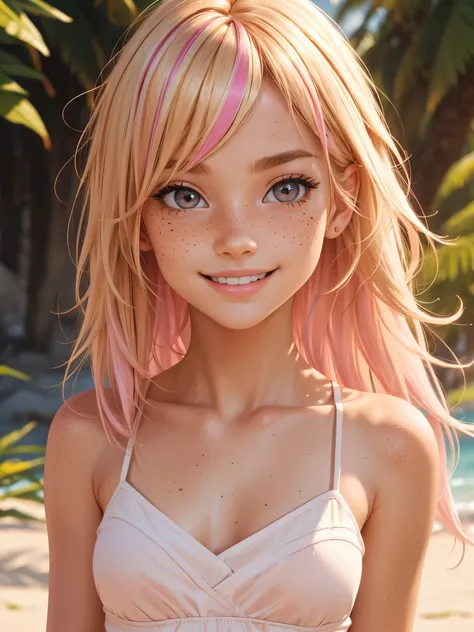 (best quality), 1girl, female, sun kissed skin, blonde hair, medium hair, swept bangs, pink streaked hair, brown eyes, perfect eyes, freckles, petite, skinny body, smile, small bust, masterpiece, anatomically correct, highres
