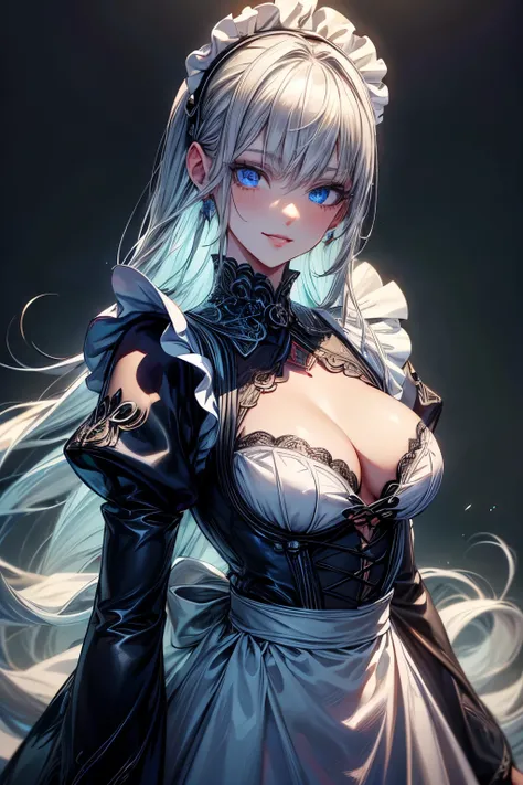 (best quality,4k,high resolution,masterpiece:1.2),a maid has a wooden doll in front of a blue earth, detailed eyes,beautiful detailed lips,extremely detailed blue eyes and face, long silver hair, long eyelashes, Europian noble face with sadistic smile, evi...