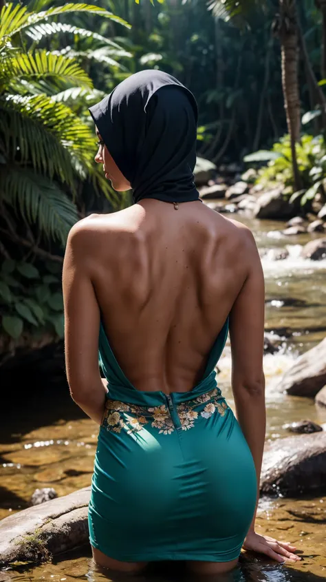 close-up portrait of a beautiful woman with hijab, (((backless seductive view, backless sexy crouching pose in a jungle river:1.4))), pov from above, back view pose, (((wearing Hijab, wearing backless V-Neck colored floral patterned double slit kebaya, bat...
