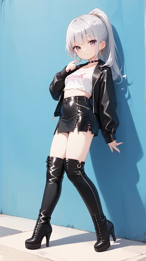 silver ponytail, wearing a black satin blouse, a black leather mini-skirt that reaches her thighs,wearing 10cm hoop pierced-earrings in each ear, and long boots with 20cm pin heels.