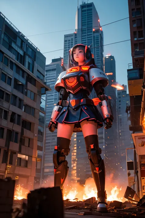 A giant high school girl robot destroying a city