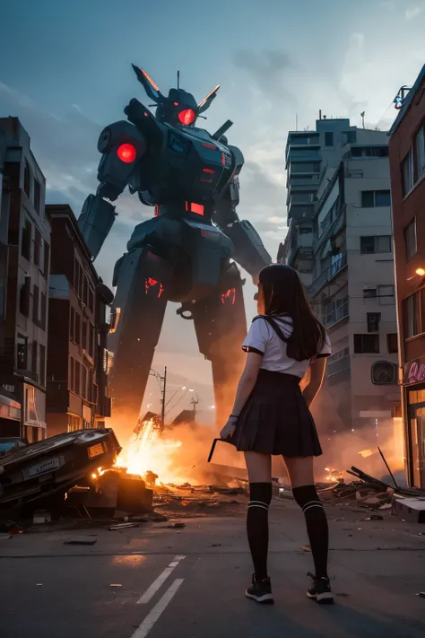 A giant high school girl robot destroying a city