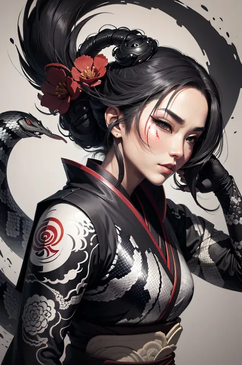 snake warrior, pretty face, Delicious Company, Alluring snake, Wearing a kimono. The artwork is created in a medium reminiscent of Japanese ink paintings....., Features bold brushstrokes and a Monochromatic color palette.  artist &#39;Masterful technique r...