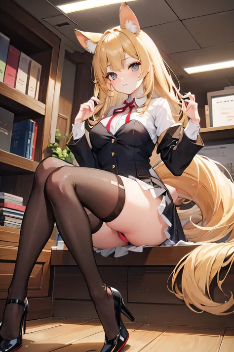 a beautiful secretary , wearing a miniskirt and stitched stockings, Bracket_Direct, (( unique )), aldult, In the office,  heels,  a cute hamster girl ,  detailed brown ears ,The inside is deeper , Brown fur,  brown fluffy neck fluff ,  brown fluffy tail , ...