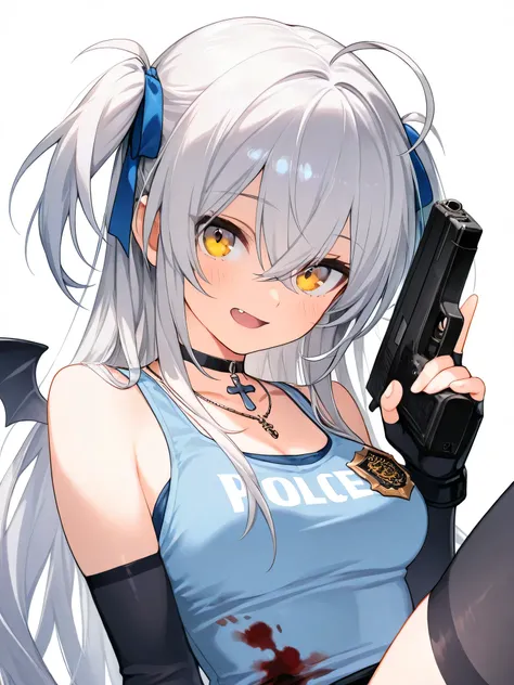 1 girl ,ahoge ,hair between eyes ,yellow eyes ,silver hair ,blush ,breasts ,holding ,mini wings ,open mouth ,long hair ,medium breasts ,smile ,solo ,demon girl ,demon wings ,fang ,two side up ,ribbon ,blue ribbon ,cross choker ,long bangs ,crossed bangs ,b...