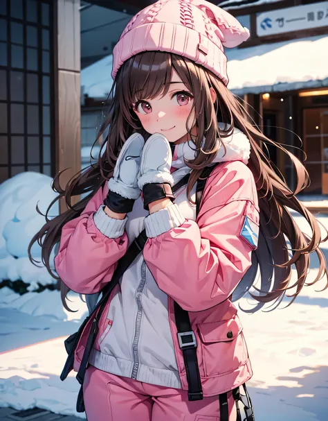 1 girl, solo, high res, big breasts, Look away, blush, smiles, long hair, bangs, brown eyes, high res, masterpiece, accurate, is entangled with his hands and feet in front of an anatomically correct , won numerous awards, 最 High Quality , high de...