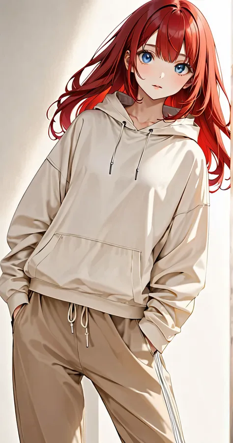 Full-body portrait of a 17-year-old girl wearing modern minimalistic style clothing, standing in a softly lit room with bare white wallpaper. She is dressed in an oversized hoodie with a relaxed fit and visible drawstrings, kangaroo pocket, soft fabric tex...