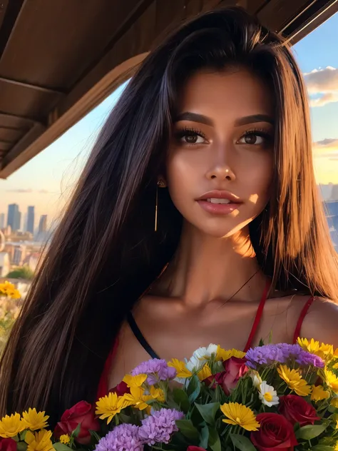 a gorgeous brunette woman (Cristy Ren) as a naughty teacher, red unbuttoned satin blouse, leather pencil skirt with high laced split, ((surrounded by beautiful flowers)) (in sunset light:1.2), backlit, belt, backlit, perfect make-up, cinematic, realistic, ...