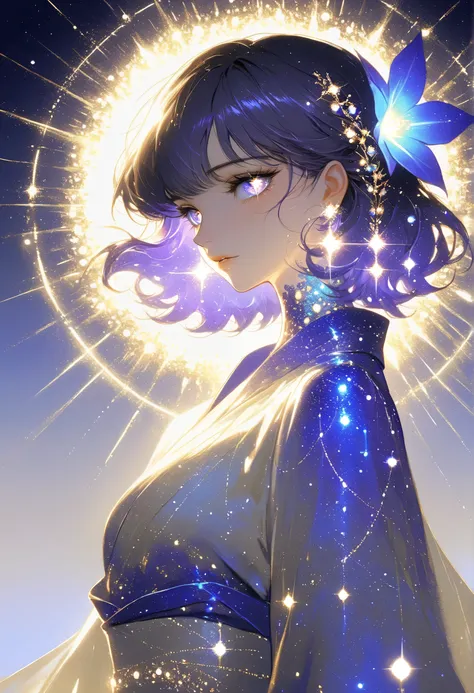  1980s anime style , Gold Theme, Sparkling,  golden light cascading down like a waterfall, Glowing particles, (masterpiece, best quality, high resolution, 8k, 16k, detailed), A captivating and elegant beautiful woman with almond-shaped eyes and delicate li...