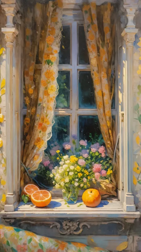 oil painting still life, vintage illustration of a window at the sunny day, iridescent light, soft light, lacy curtains, flowers, fruits, dynamic light
