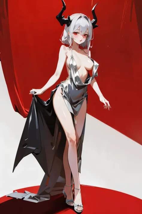 1woman, succubuss, beautiful , devil horn, revealing outfits, mommy, slik dress, satin slip dress, silver dress, evening gown, standing