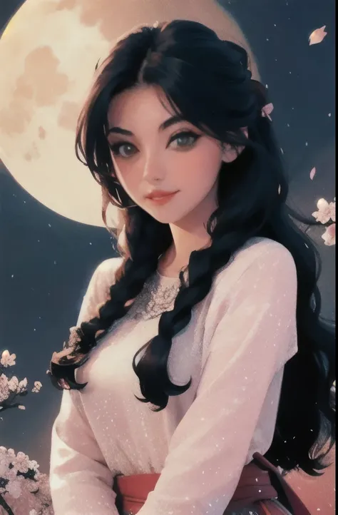 masterpiece, best quality, night, mountain, full moon, long black hair, European woman, firefly, stars, mysterious cherry blossom tree, pink leaves, high quality, beautiful graphics, high detail