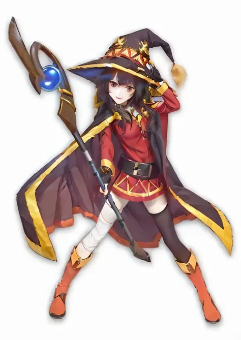 Close-up of a young female wizard, inspired by Megumin from Konosuba, holding a staff with a glowing orb, wearing a red and black robe with gold trims, black hair flowing naturally, wide-brimmed wizard hat, intricate patterns, half invoker half wizard, cin...