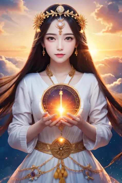  high image quality,  real, cute faces ,  cute faces , beautiful women、 beautiful girl、Artistic、 mysterious in another dimension、 fantastic、Fantastic、 Above the Clouds、Sparkling Sunrises 、The sparkle of the Sun、Spell casting、 Fallen Goddess、 Symmetry