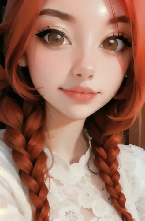 a close up of a woman with long red hair wearing a floral dress, flowing ginger hair, she is redhead, redhead girl, complex redhead braided hair, ginger hair, red braided hair, redhead woman, beautiful redhead woman, long braided orange red hair, monia mer...