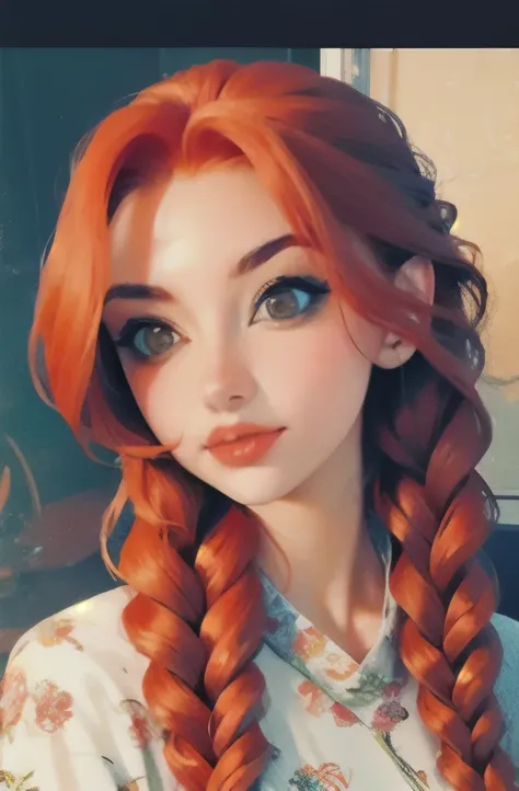 a close up of a woman with long red hair wearing a floral dress, a photorealistic painting by Galen Dara, trending on cgsociety, art nouveau, flowing ginger hair, she is redhead, redhead girl, complex redhead braided hair, ginger hair, red braided hair, re...