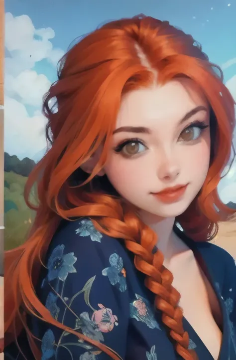 a close up of a woman with long red hair wearing a floral dress, a photorealistic painting by Galen Dara, trending on cgsociety, art nouveau, flowing ginger hair, she is redhead, redhead girl, complex redhead braided hair, ginger hair, red braided hair, re...