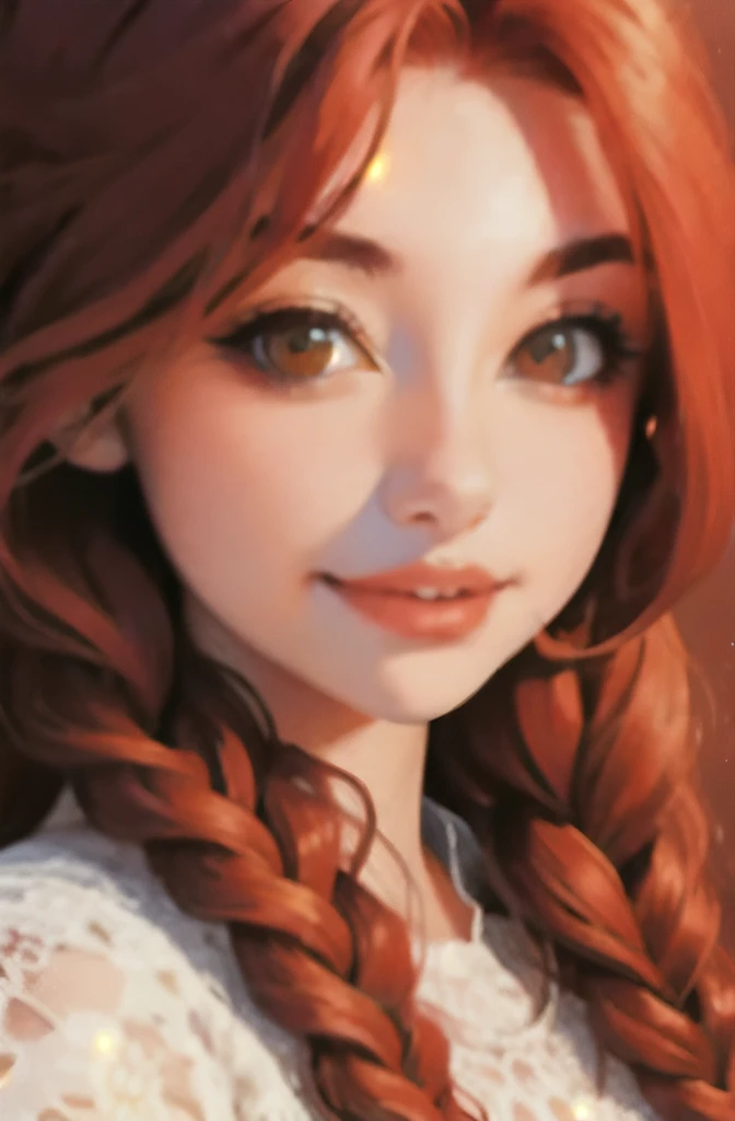 a close up of a woman with long red hair wearing a floral dress, a photorealistic painting by Galen Dara, trending on cgsociety, art nouveau, flowing ginger hair, she is redhead, redhead girl, complex redhead braided hair, ginger hair, red braided hair, re...