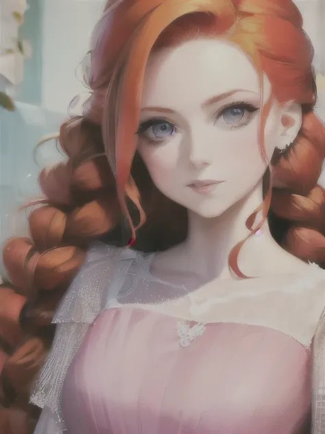 a close up of a woman with long red hair wearing a floral dress, flowing ginger hair, she is redhead, redhead girl, complex redhead braided hair, ginger hair, red braided hair, redhead woman, beautiful redhead woman, long braided orange red hair, monia mer...