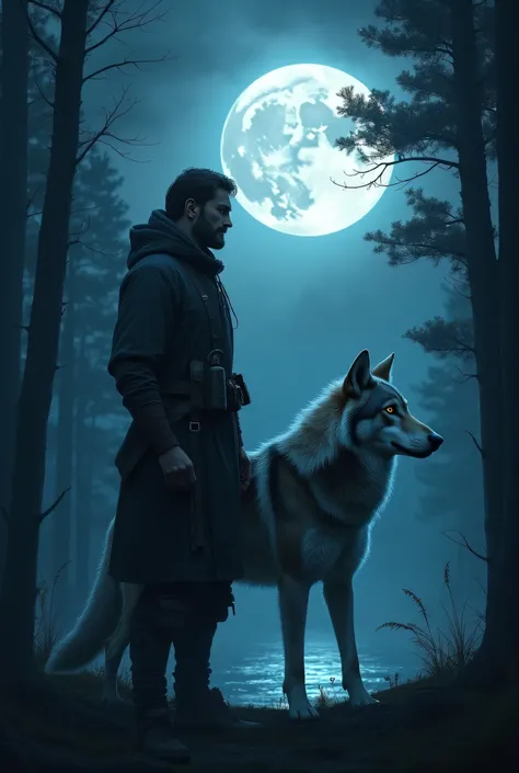 A man stand with a wolf in night and moon is behind them