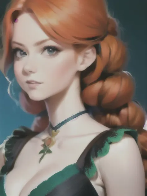 a close up of a woman with long red hair wearing a floral dress, a photorealistic painting by Galen Dara, trending on cgsociety, art nouveau, flowing ginger hair, she is redhead, redhead girl, complex redhead braided hair, ginger hair, red braided hair, re...