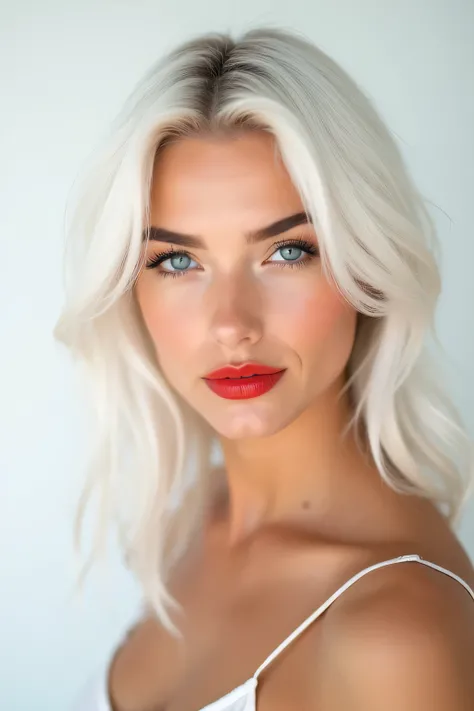 Create a portrait of a 22-year-old woman with white hair and a natural skin tone against a white background. She has a harmonious body with medium-sized breasts, equal hips, and a small waist. The image should capture her full body from head to toe. Her li...