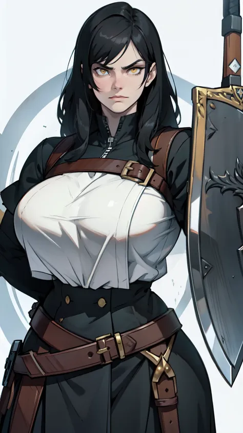 (shield & sword) (shield & sword) (shield & sword) black hair yellow eyes pale skin ample bosom huge muscles serious expression