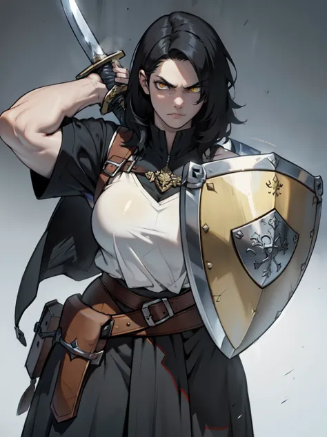 (shield & sword) (shield & sword) (shield & sword) black hair yellow eyes pale skin ample bosom huge muscles serious expression