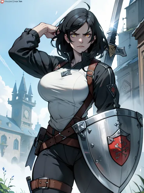 (shield & sword) (shield & sword) (shield & sword) black hair yellow eyes pale skin ample bosom huge muscles serious expression