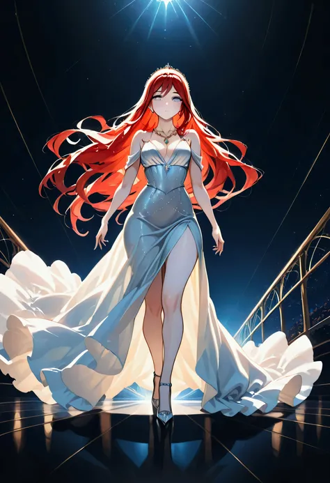 a glamour picture shot of a vampire elite model, walking on a (dark catwalk: 1.2), a glamourous elite female vampire model,  (ultra detailed face: 1.2), intense detailed face, red hair, long hair, lush hair, silver eyes, delicate face, pale skin, light mak...