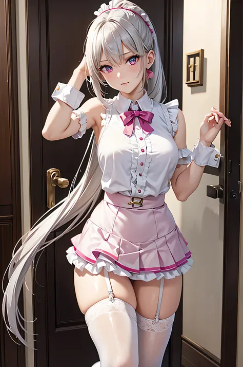 8k resolution,(( top quality )),Super high resolution,Adult female, alone,  sexy, ( since age 27), (Pink eyes),  beautiful symmetrical face , (silvery long ponytail), Frilled Maid Outfit, Ruffled Skirt ,Tavern,cuffs, realistic:1.4, realistic:1.4,(  masterp...