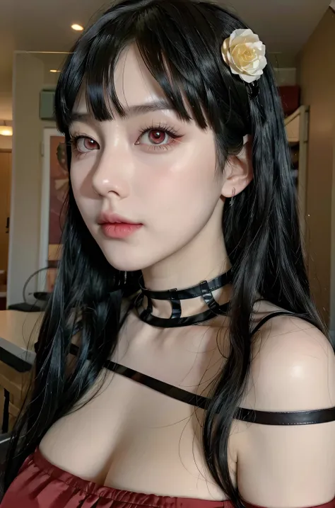 Yor, realistic, age 25, pure white skin, red eyes, black long hair, perfect face, perfect shape body, huge breasts, blush, red cheeks, seductive, nsfw