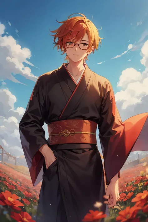 Anime Style, a man, short red hair, red eyes, wearing a traditional black kimono, he has a firiendly and kind face, his using round glasses, flower field