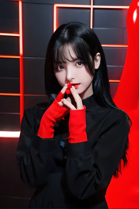  - A woman with shiny black hair stands in front - wearing black clothes 、 The background is also red - Liquid is splashing in her mouth - The figure is posing with her fingertips close to her lips - Her expression is calm、The big eyes are impressive and t...