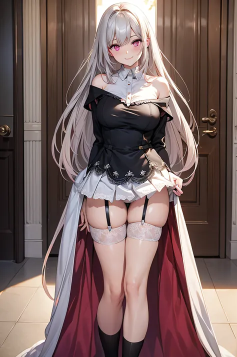 8k resolution,(( top quality )),Super high resolution,Adult female, Alone,  sexy, ( gentle smile), (Pink eyes),  beautiful symmetrical face , ( silvery long hair), off shoulder shirt, Lace Skirt , realistic:1.4, realistic:1.4,(  masterpieces at the front d...