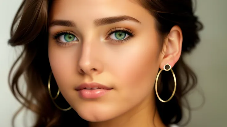 chica , 19 years old. brown hair. Shoulder-upward image, VERY CLOSE,  green eyes. Picture of a real girl.  effect.  earrings in the ear ,  looking straight ahead .  totally white background. in the best possible quality.