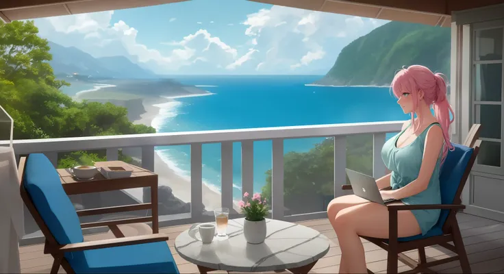 "A woman med boobs with pastel green and pink hair tied in loose waves sits on a simple chair on a balcony built into a cliffside. She wears a black tank top and light denim jeans, her laptop glowing against the backdrop of a star-filled sky. The ocean far...